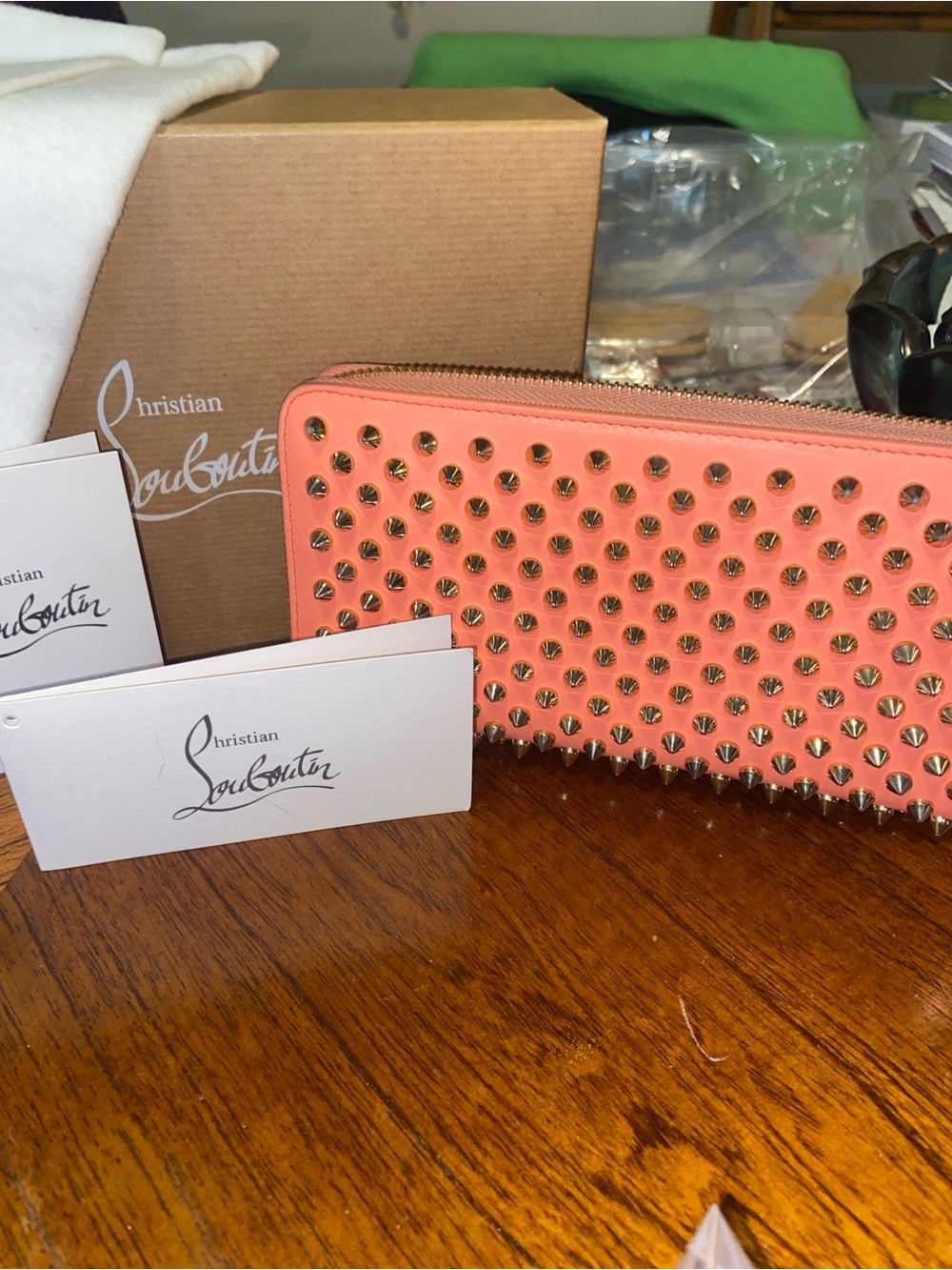 Christian Louboutin Coral Pink Spike Zip Wallet